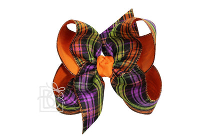 Beyond Creations Girls Layered Double Knot Bow on Clip - Orange Halloween Plaid