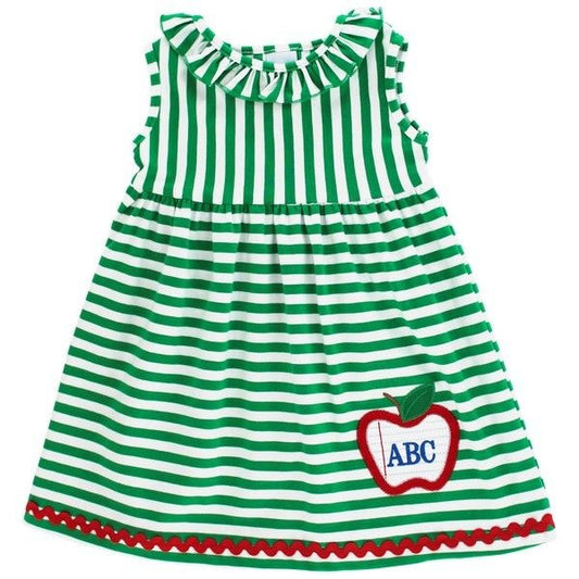 Bailey Boys Girls Knit Dress - Green Stripes with ABC School Apple