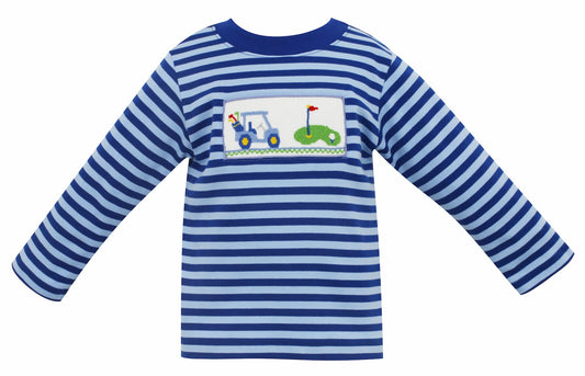 Anavini Boys Periwinkle & Navy Blue Striped Smocked Golf Shirt