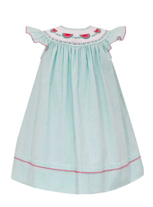 Anavini Girls Aqua Check Seersucker Smocked Watermelon Dress - Bishop