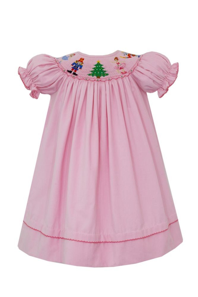 Anavini Girls Pink Corduroy Bishop Dress - Smocked Nutcracker Ballet