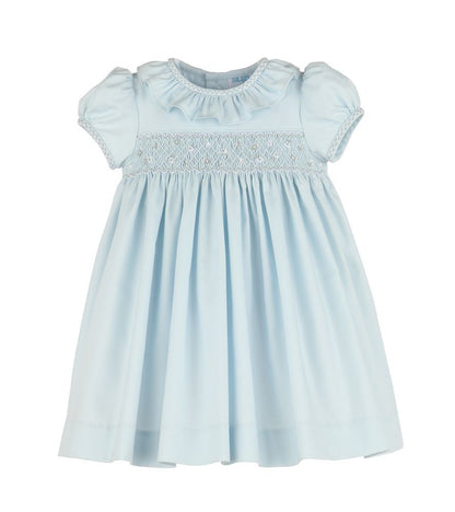 Luli & Me Girls Silverstone Flowers Blue Smocked Dress - Ruffle Collar