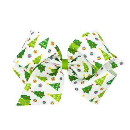 Wee Ones Girls Grosgrain Holiday Print Hair Bow - Green Christmas Trees