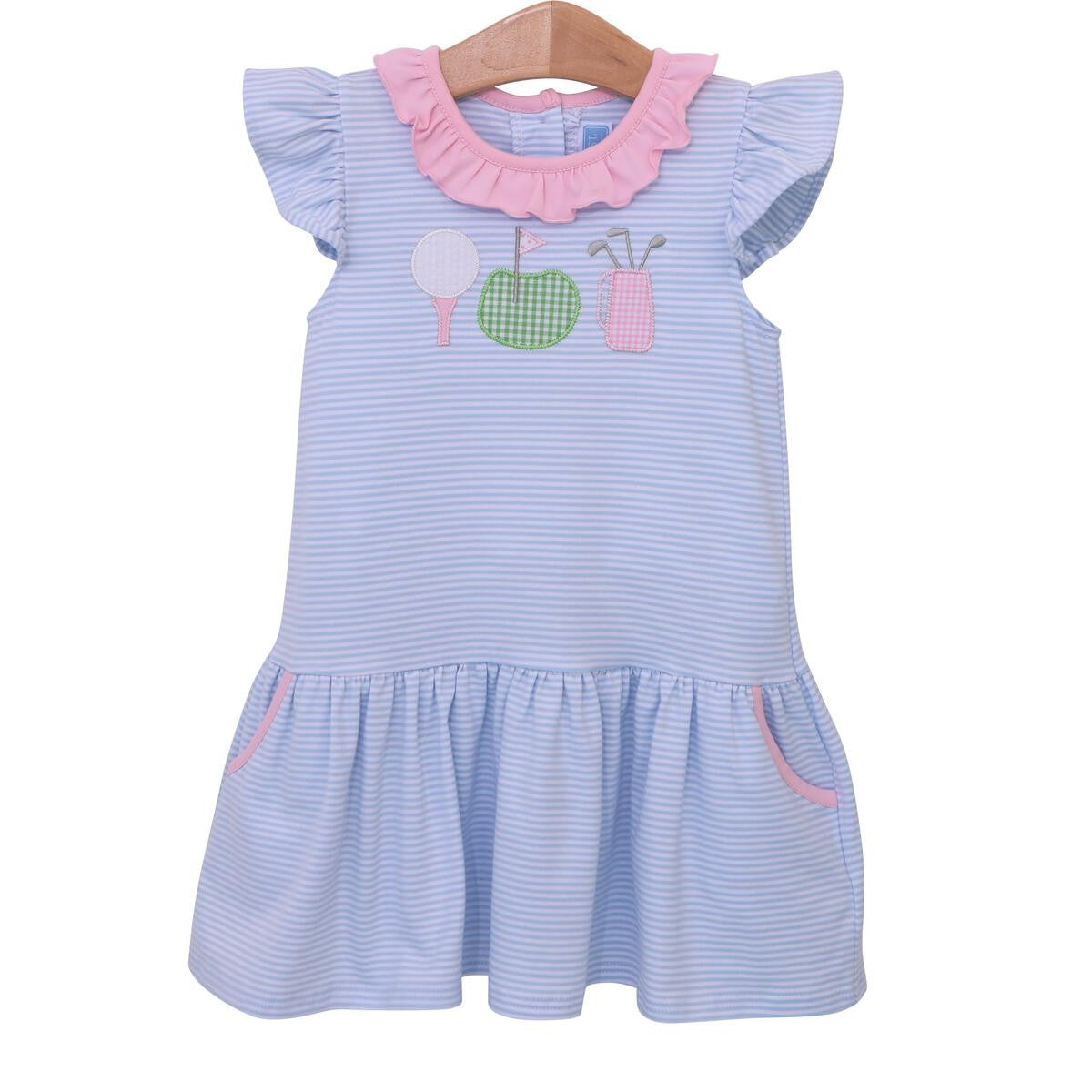 Trotter Street Kids Girls Blue Stripe Dress - Golf Theme