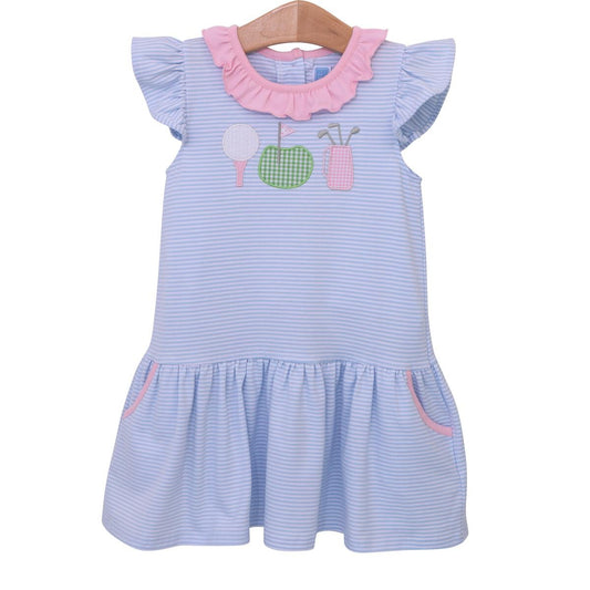 Trotter Street Kids Girls Blue Stripe Dress - Golf Theme