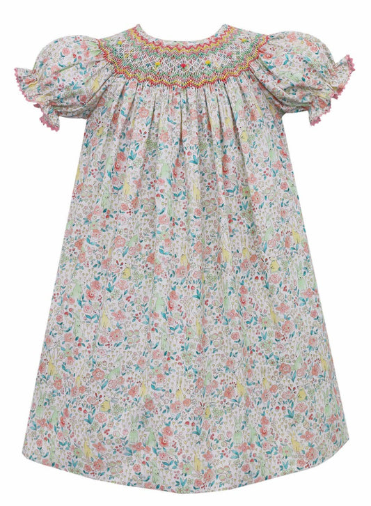 Anavini Couture Baby / Toddler Girls Pink & Green Bunny Floral Smocked Bishop Dress
