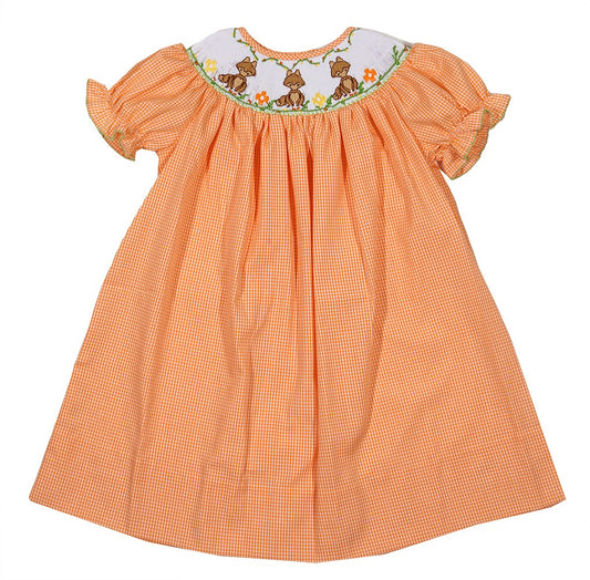 The Best Dressed Child Baby / Toddler Girls Orange Gingham Smocked Fox Dress
