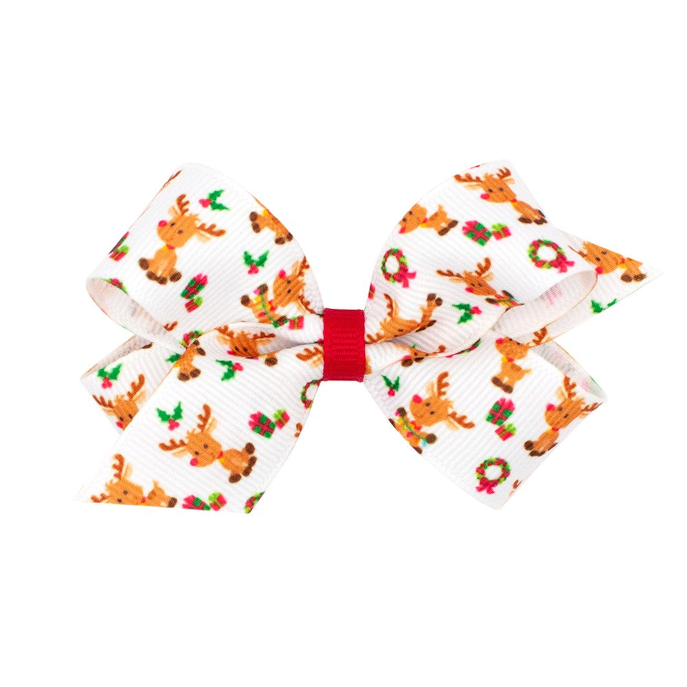 Wee Ones Girls Grosgrain Holiday Print Hair Bow - White with Reindeer