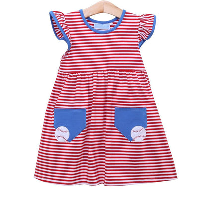 Trotter Street Kids Girls Red Baseball Pocket Dress