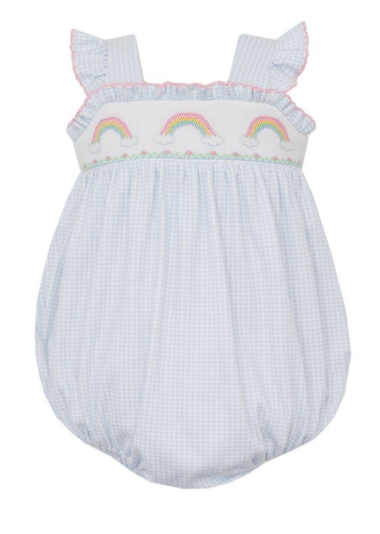 Petit Bebe Knits Baby Girls Light Blue Gingham Smocked Rainbows Bubble