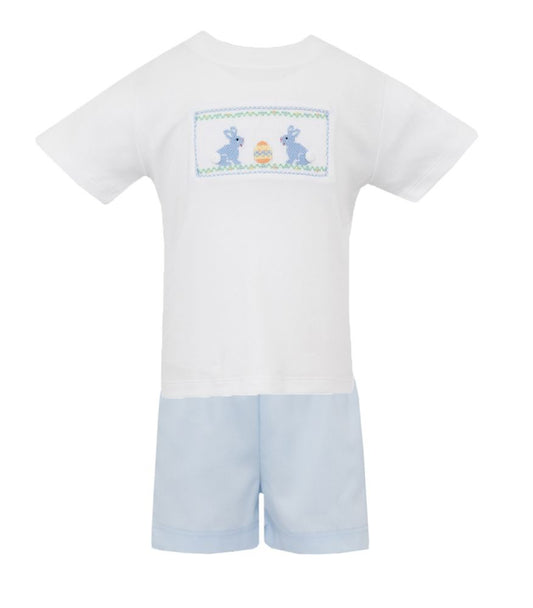 Anavini Boys White Smocked Blue Easter Bunnies Shirt with Blue Pique Shorts