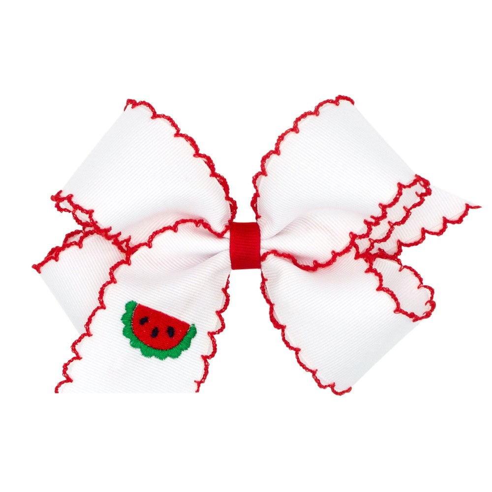 Wee Ones Girls Hair Bow - White with Red Moonstitch - Embroidered Watermelon - Red