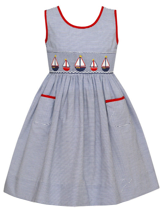 Anavini Girls Navy Blue Striped Smocked Sailboats Sun Dress with Pockets - Bow on Back