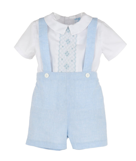 Luli & Me Boys Suspender Shorts Set - Light Blue with Smocked White Shirt