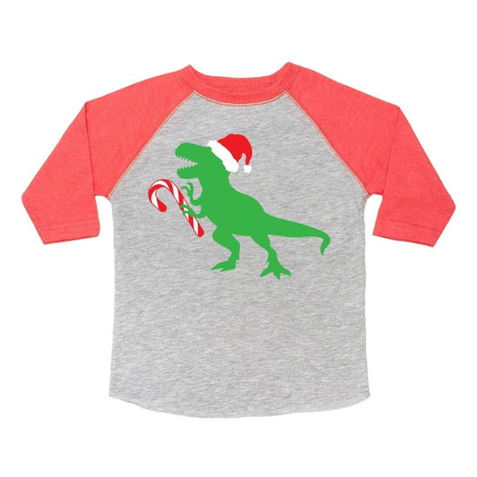 Sweet Wink Boys Gray Shirt - Red Sleeves - Dino Wearing Santa Hat