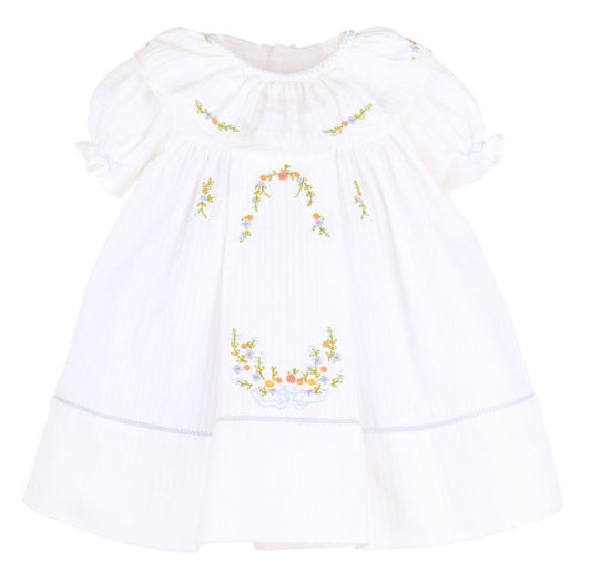 Sophie & Lucas Girls Pumpkin Embroidery Ruffle Dress - White with Blue