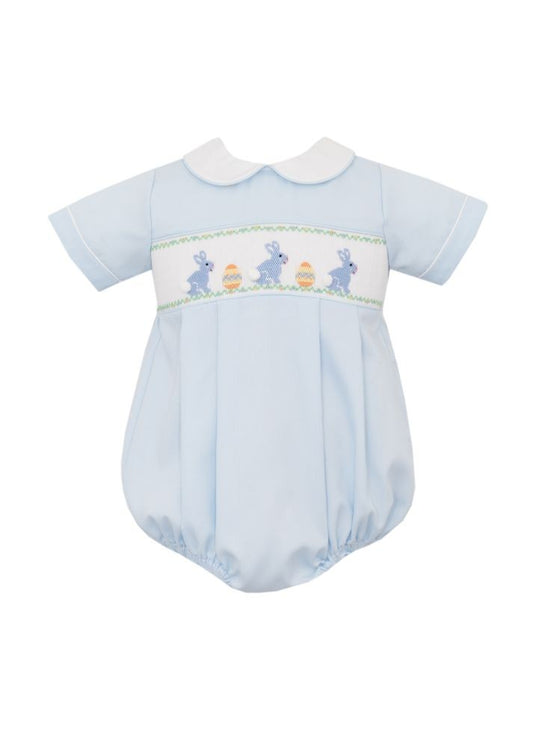 Anavini Baby Boys Blue Pique Bubble - Smocked Easter Bunnies