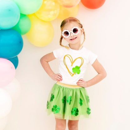 Sweet Wink Girls Shirt - White with Green Clover & Gold Heart
