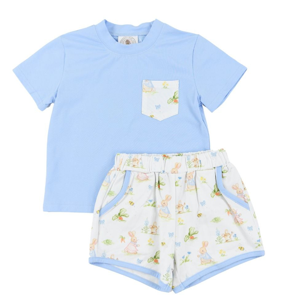 Cypress Row Boys Blue Easter Bunny Play Pocket Shorts Set
