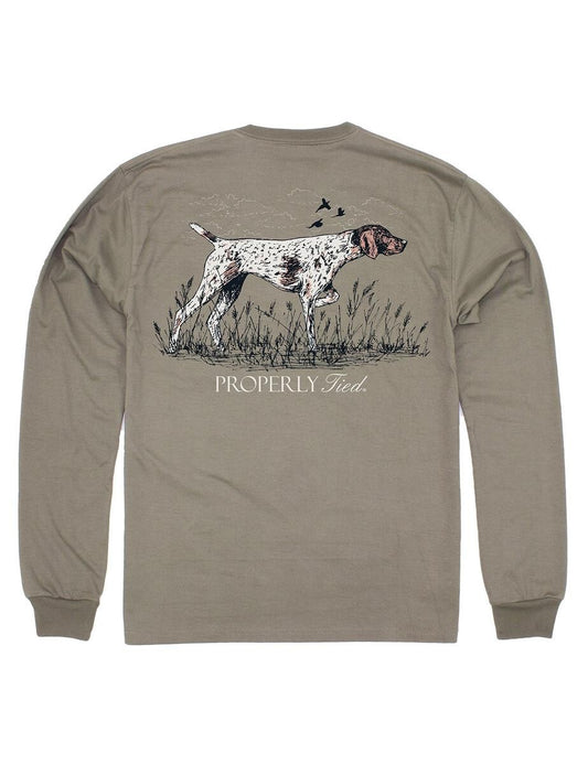 Properly Tied Tee Shirt - Logo Pocket on Front - Back Graphic - Tan Pointer Dog