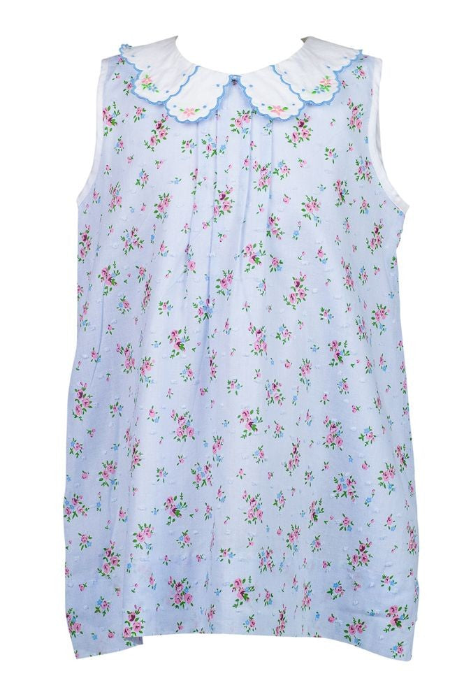 Proper Peony Girls Bea Blue Floral Dotted Swiss Sleeveless Dress - Fancy Collar
