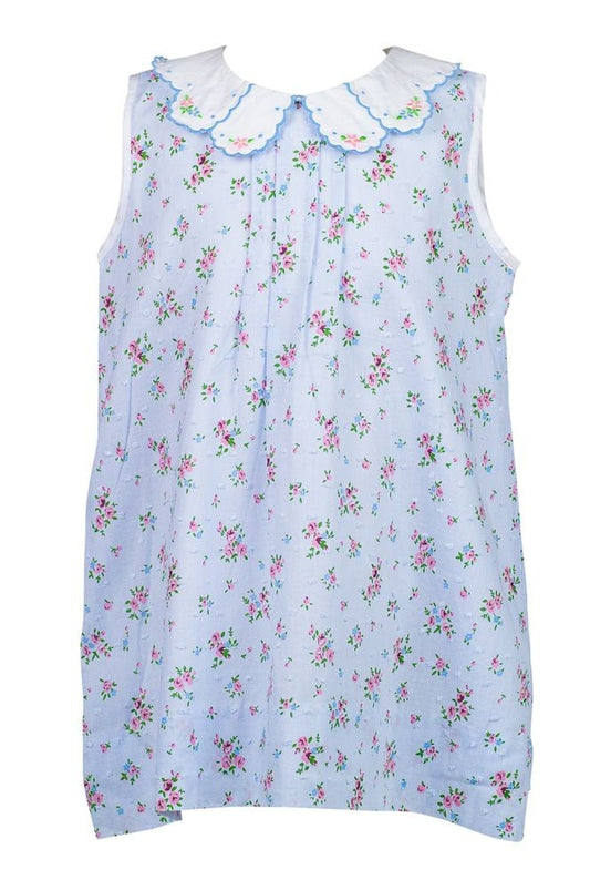 Proper Peony Girls Bea Blue Floral Dotted Swiss Sleeveless Dress - Fancy Collar