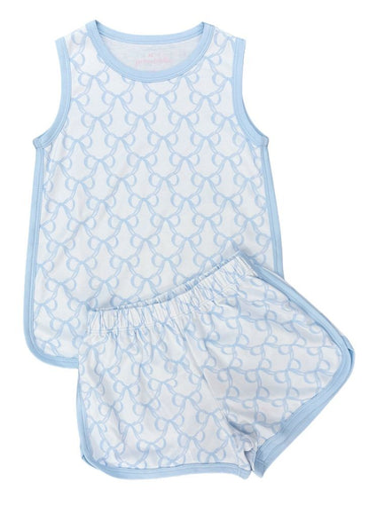 James & Lottie Girls Tank Shorts Lounge Set - Blue Put a Bow on It Print