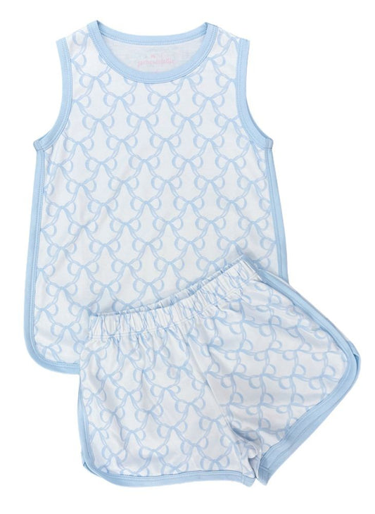 James & Lottie Girls Tank Shorts Lounge Set - Blue Put a Bow on It Print