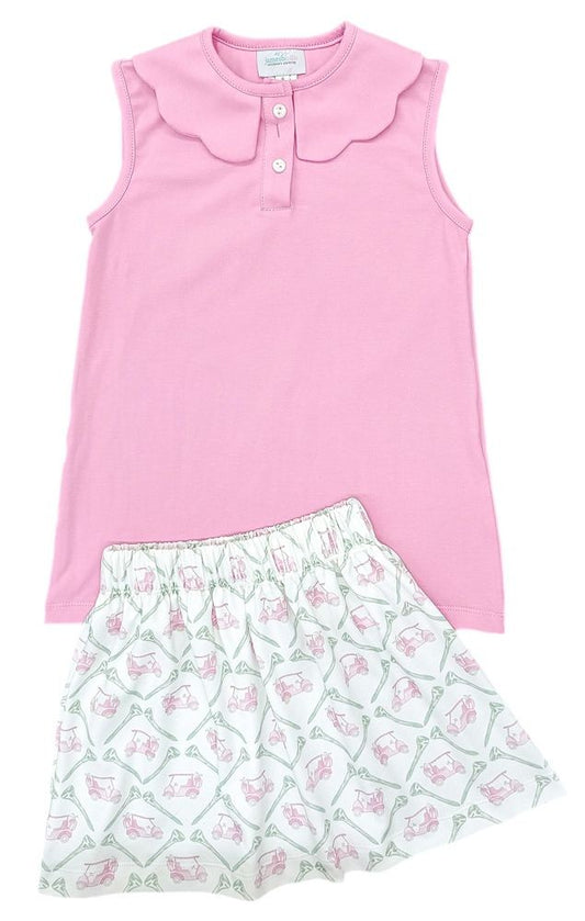 James & Lottie Girls Sage Skirt Set - Pink Top with PAR-TEE Golf Print Skirt