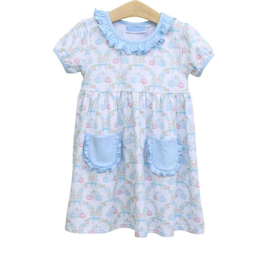 Trotter Street Kids Girls Pocket Dress - Blue Pumpkin Floral