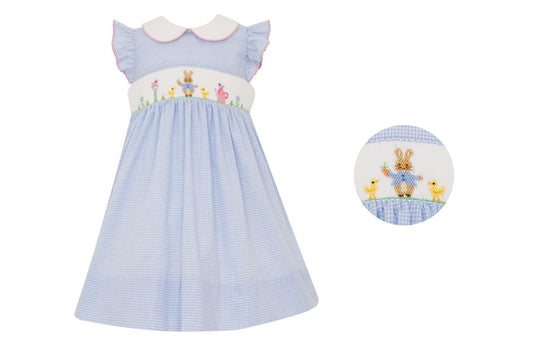 Petit Bebe Girls Blue Gingham Smocked Peter Rabbit Dress