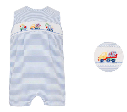 Petit Bebe Boys Light Blue Striped Construction Trucks Jon Jon by Petit Bebe