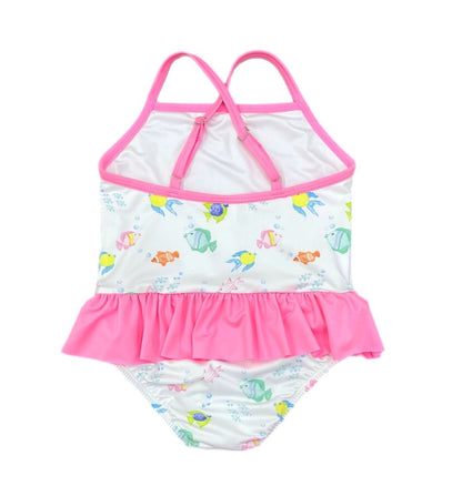 James & Lottie Girls Lainey Skirted Swimsuit - Pink O'Fishally Fish Print