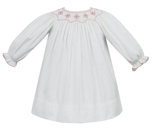 Petit Bebe Baby / Toddler Girls Winter White Corduroy Bishop Dress - Smocked in Pink by Petit Bebe