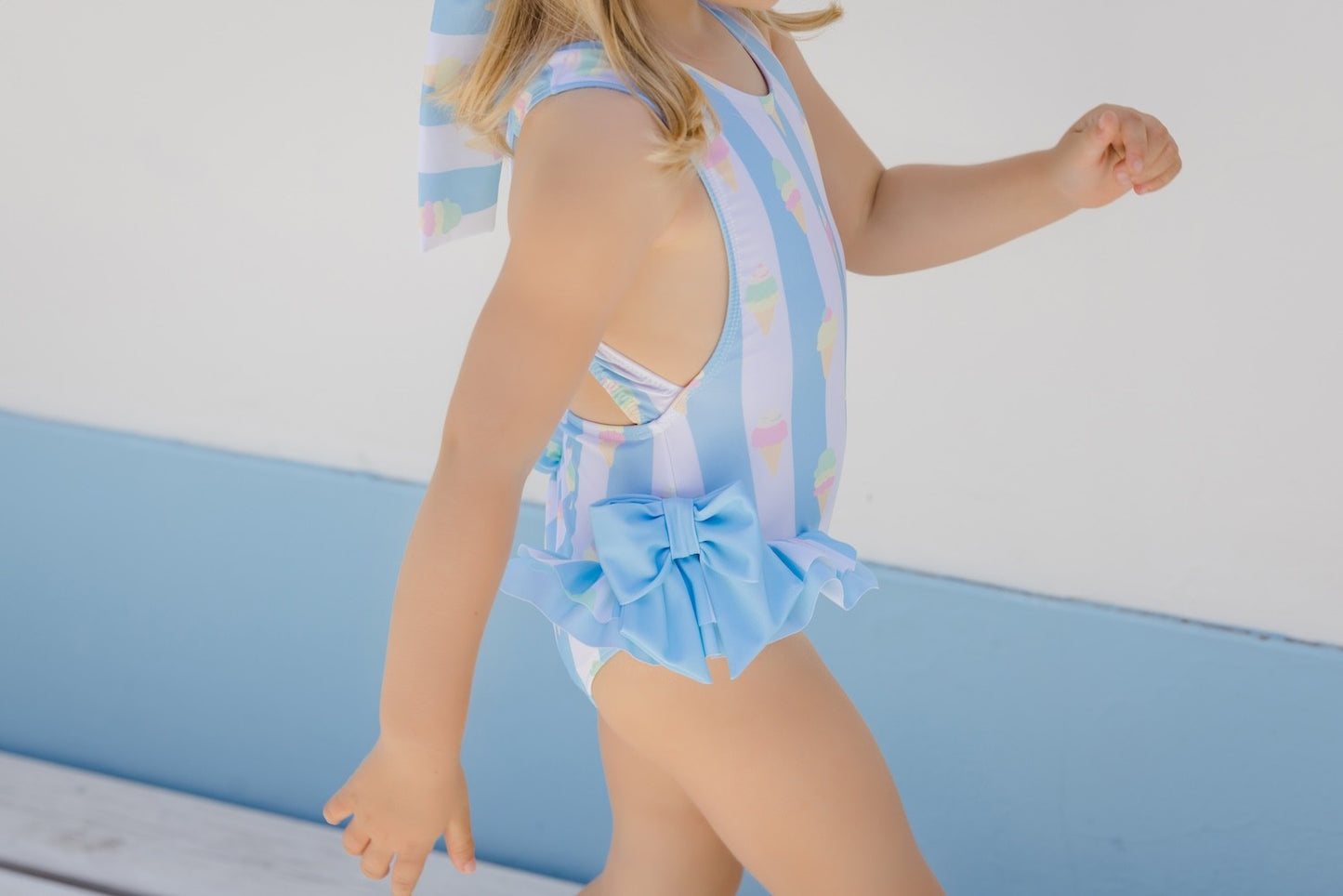 Sal & Pimenta Girls Swimsuit - Blue Stripe Gelato Ice Creams - Blue Bows on Hips