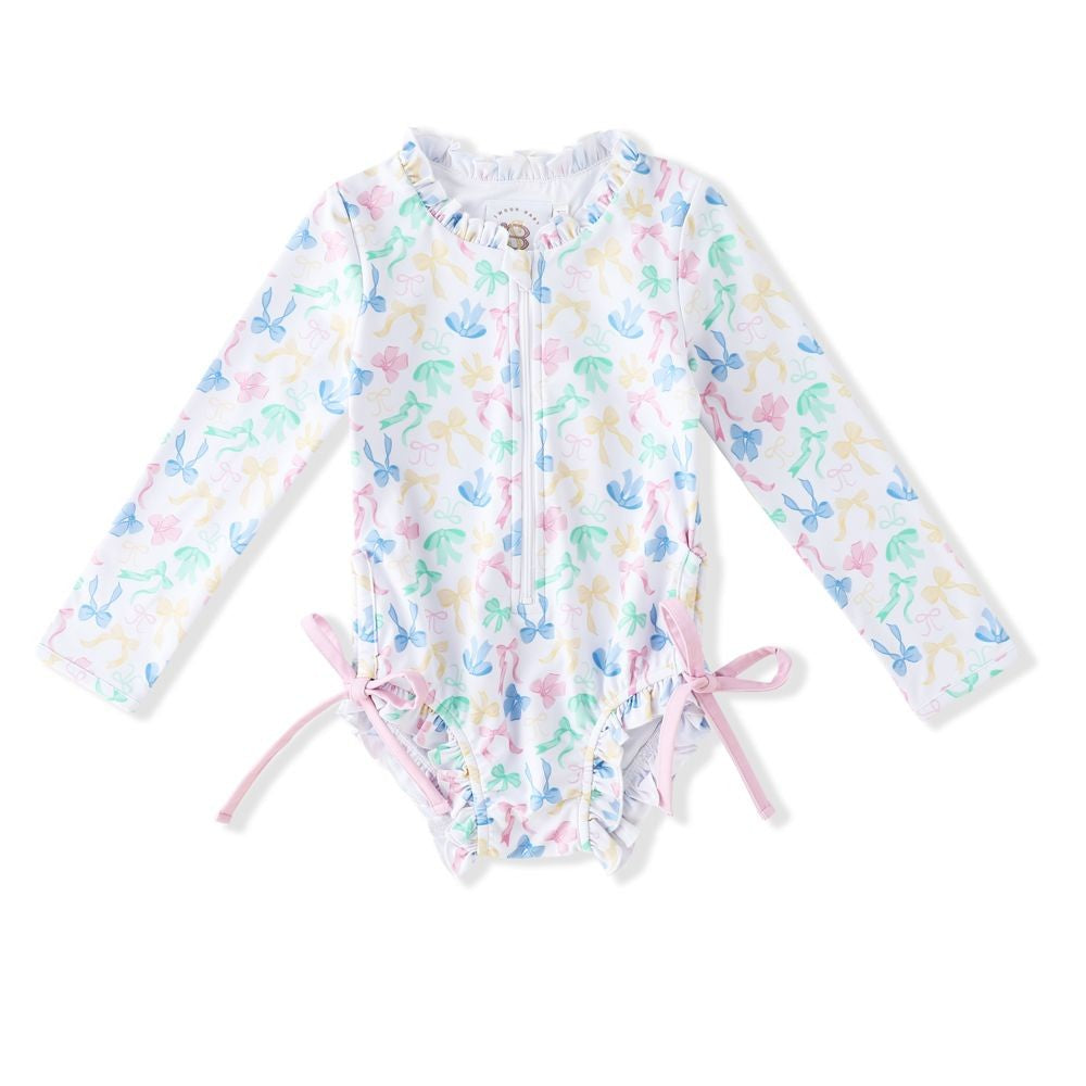 Swoon Baby Girls Pastel Bows Zip Front Rash Guard Swimsuit