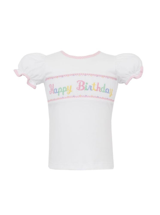 Anavini Baby Girls White Top - Smocked Happy Birthday