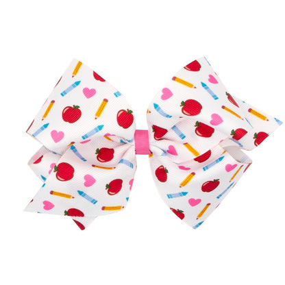 Wee Ones Girls Hair Bow on Clip - Back to School - Pencil & Apple Print