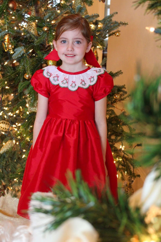 Susanne Lively Girls Taffeta Christmas Dress - Embroidered Wreath Collar - Red