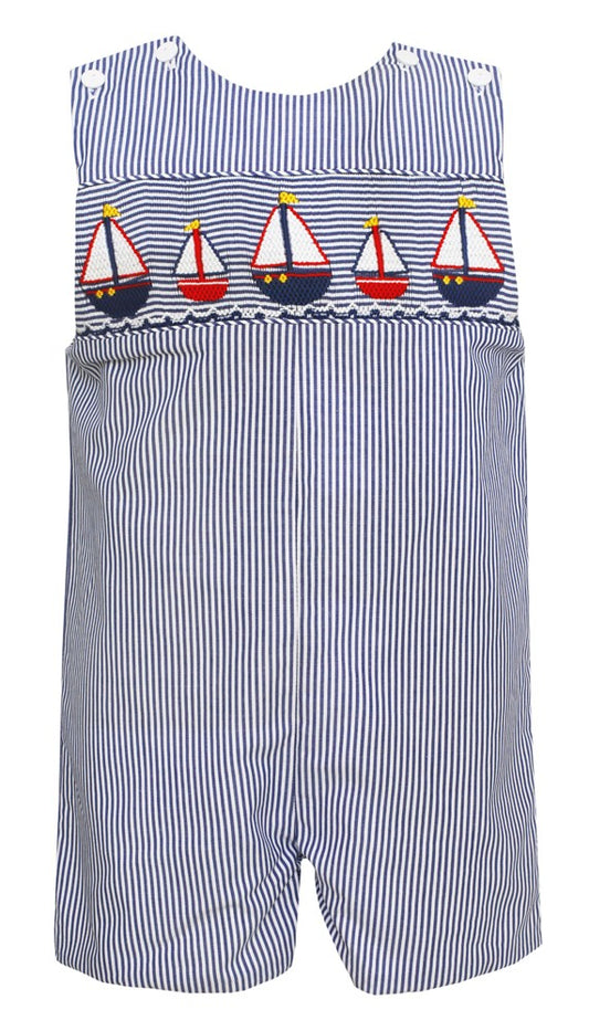 Anavini Baby / Toddler Boys Navy Blue Striped Smocked Sailboats Jon Jon