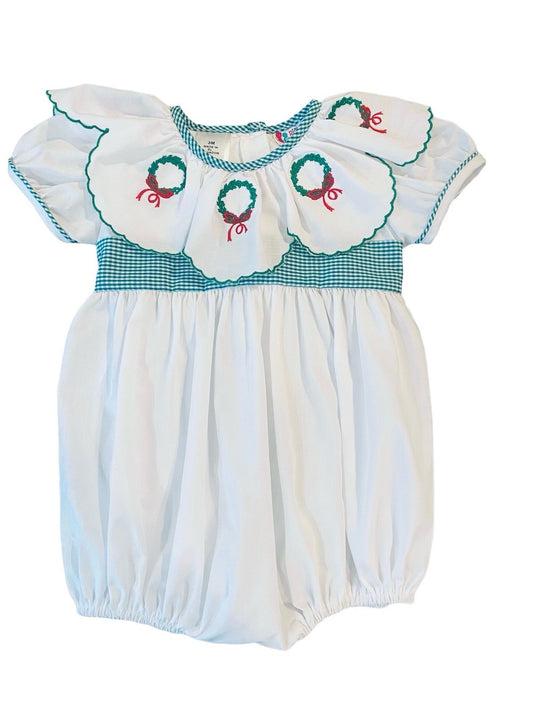 The Best Dressed Child Baby Girls White Christmas Bubble - Embroidered Wreaths on Scallop Collar
