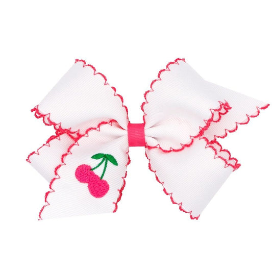 Wee Ones Girls Moonstitch Bow - White with Pink - Embroidered Cherry