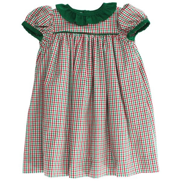 Bailey Boys Girls Christmas Float Dress - Red Douglas Holiday Plaid with Green Ruffle Neck