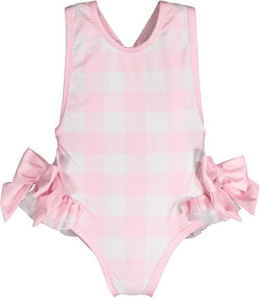 Sal & Pimenta Girls Swimsuit - Pink Buffalo Check - Pink Bows on Hips