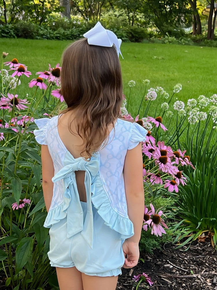 James & Lottie Girls Mae Bloomers Set - Blue Put a Bow on It Print