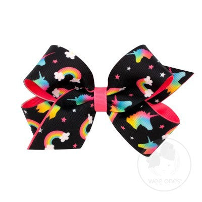 Wee Ones Girls Hair Bow - Colorful Unicorns & Rainbows on Black