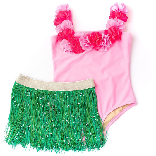 Shade Critters Girls One Piece Pink Swimsuit with Green Hula Skirt