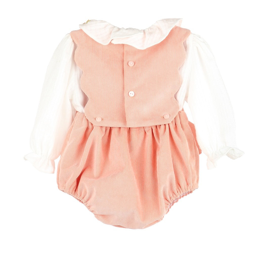 Sophie & Lucas Girls Pumpkin Cord Bow Bubble with Embroidered Blouse