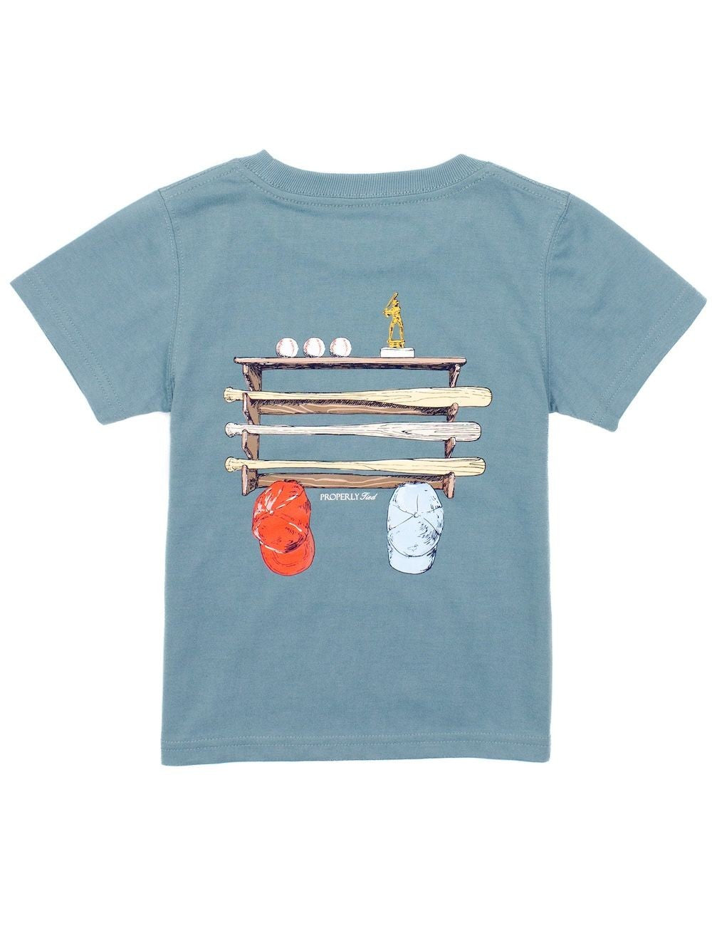 Properly Tied T-Shirt - Logo Pocket on Front - Graphic on Back - Baseball Bat Rack on Steel Blue