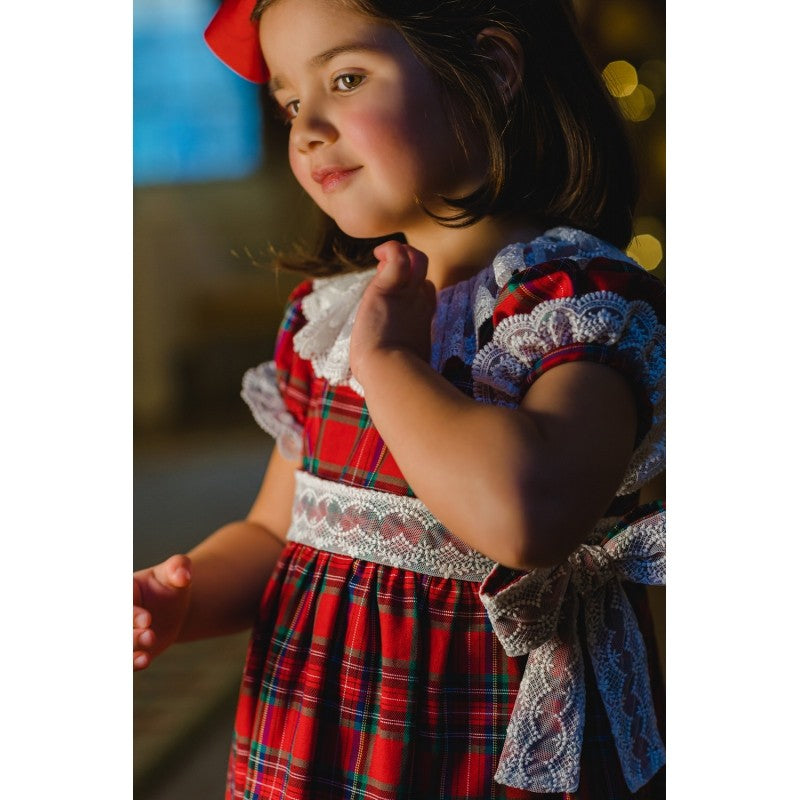 Sal & Pimenta Girls Red Noel Holiday Plaid Dress with Lace Details and Side Bows - 7T Sal & Pimenta Girls Red Noel Holiday Plaid Dress with Lace Details and Side Bows - 7T